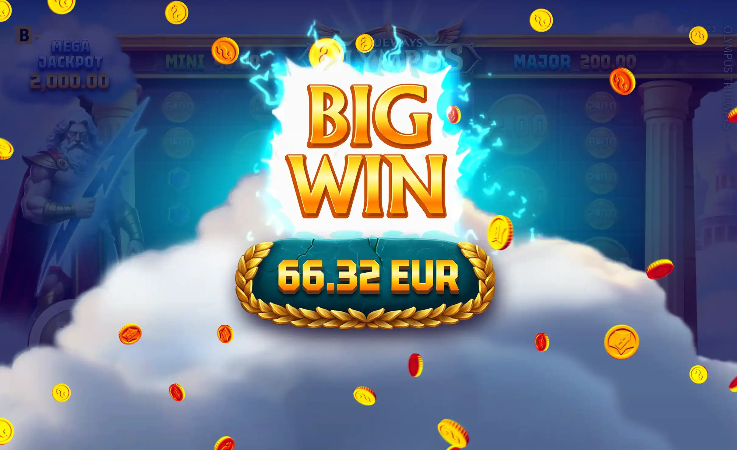Big Win screen showing 66.32 EUR with coins flying around – Olympus Trueways
