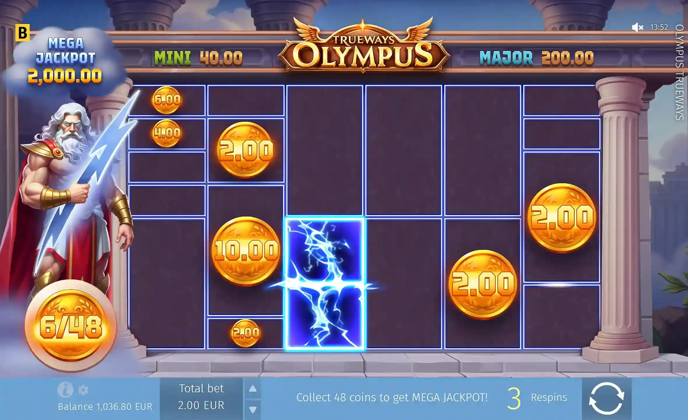 Coin Respin bonus round in progress with Zeus and coin values – Olympus slot