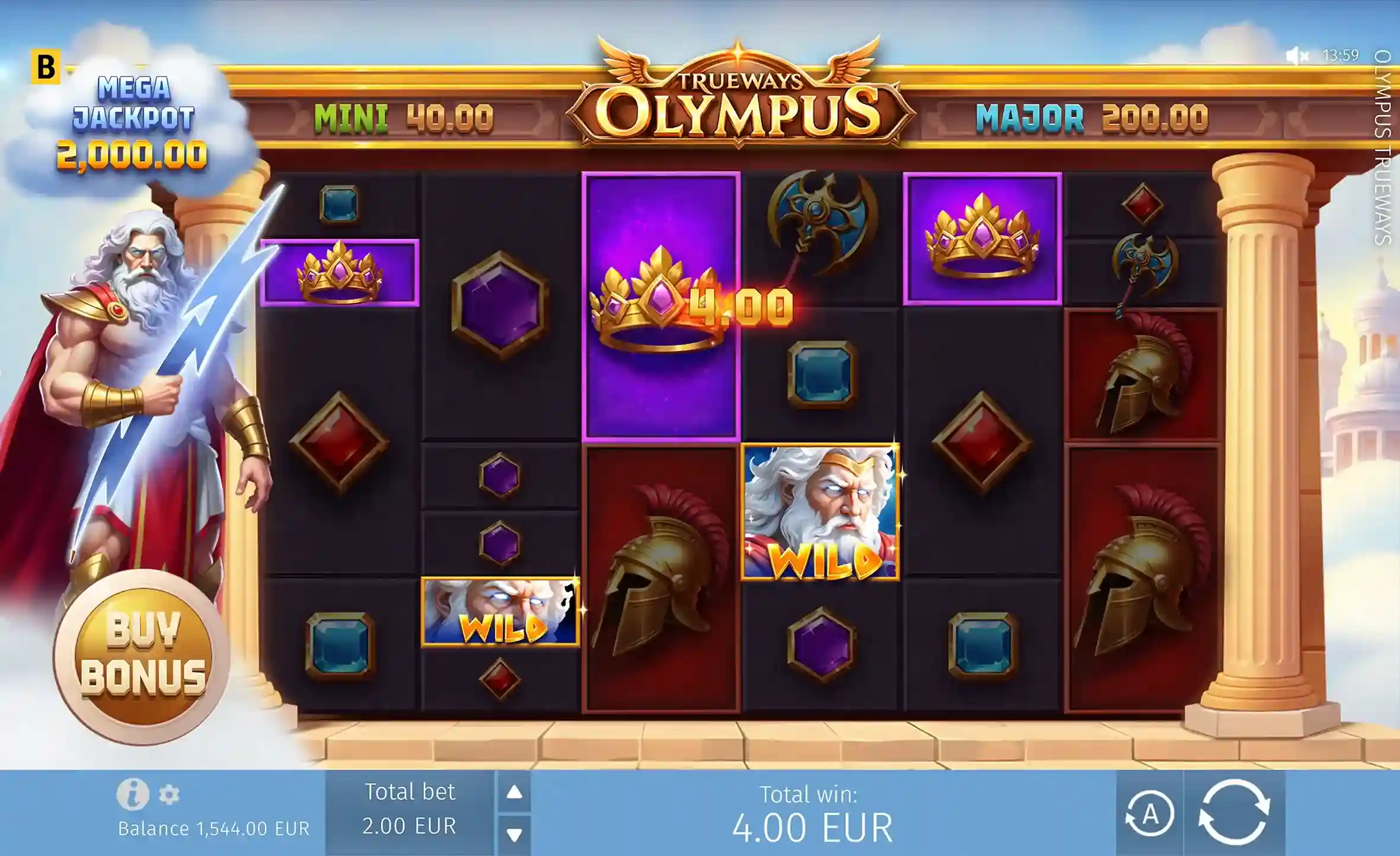 Main game screen with reels, Wild symbols and crowns – Olympus Trueways