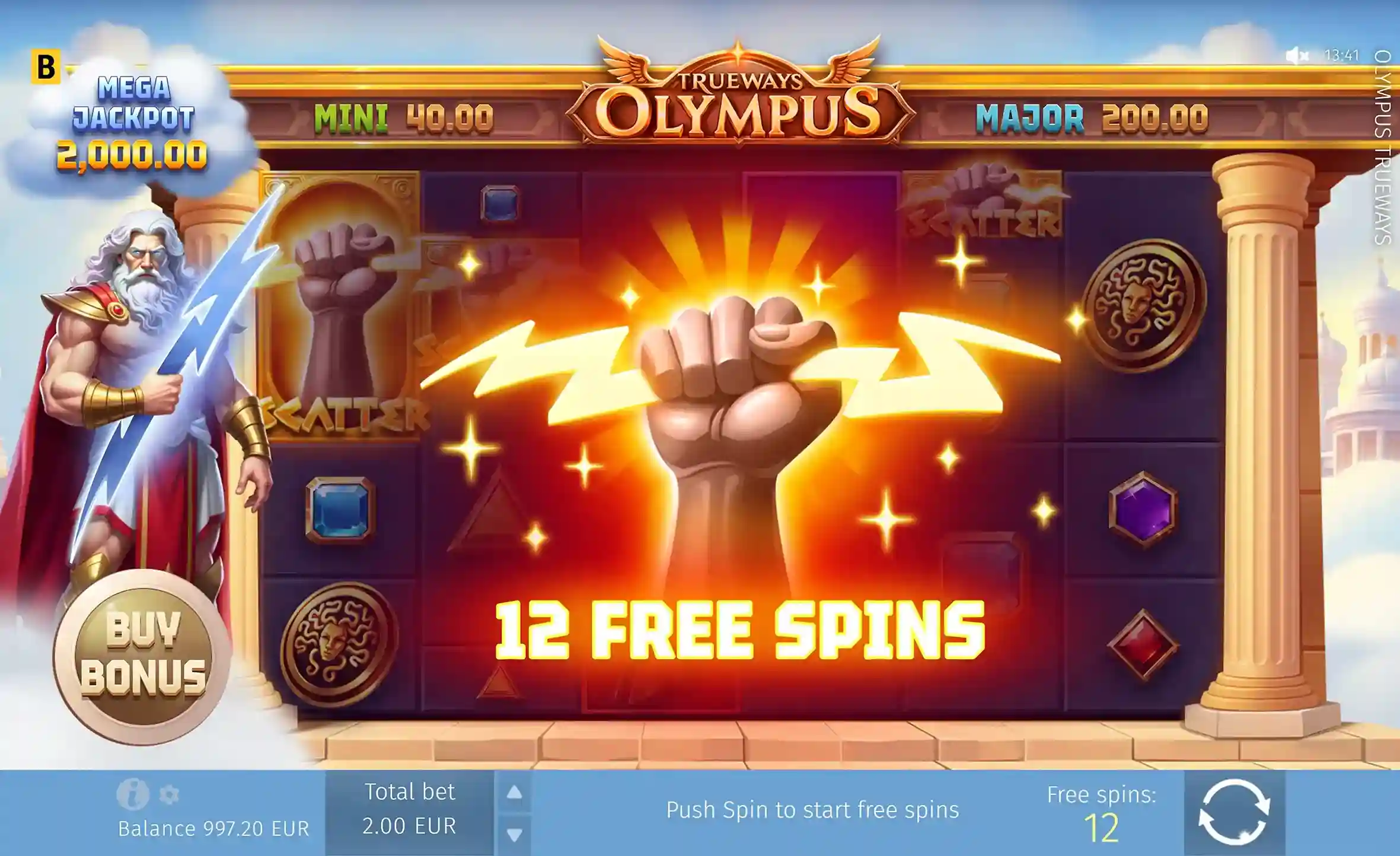 Free spins bonus triggered with fist symbol and lightning – Olympus Trueways slot