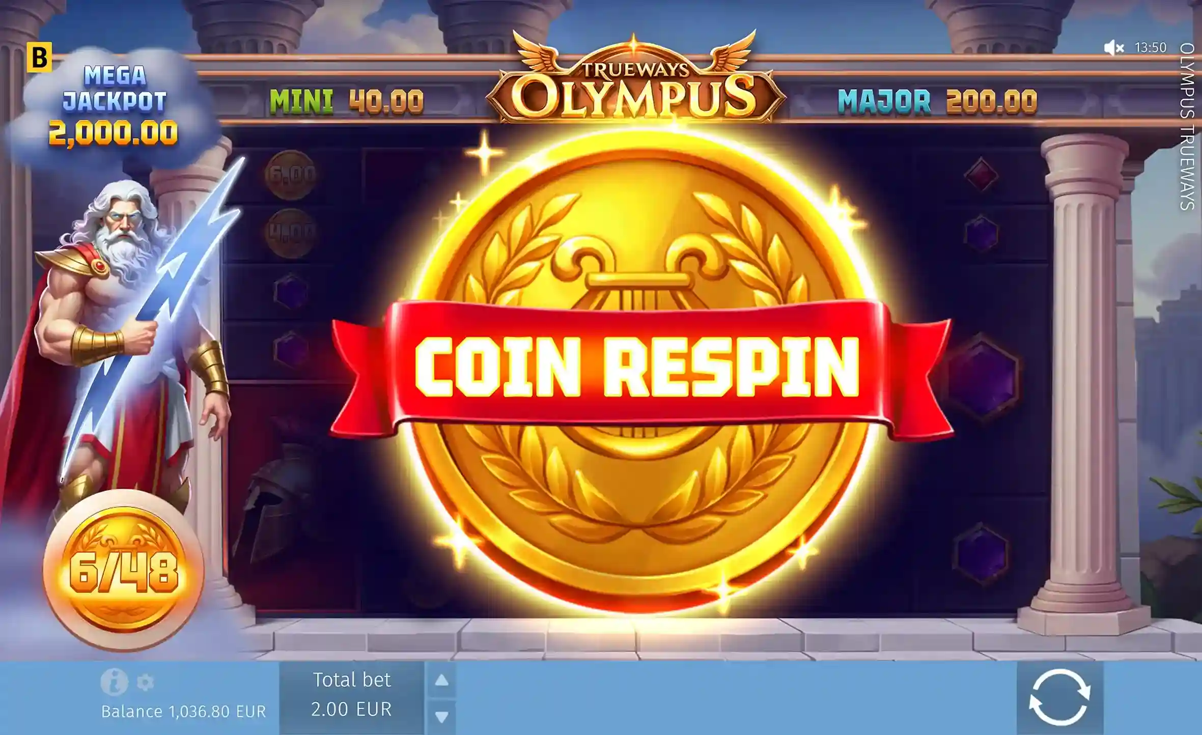 Coin Respin feature activated with golden coin and red banner text – Olympus game