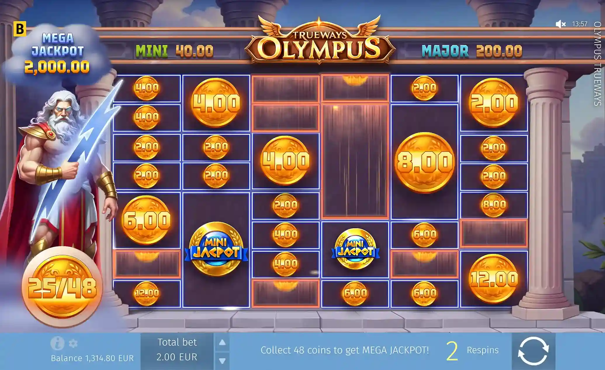 Jackpot coin collection screen with various coin values and Zeus – Olympus Trueways