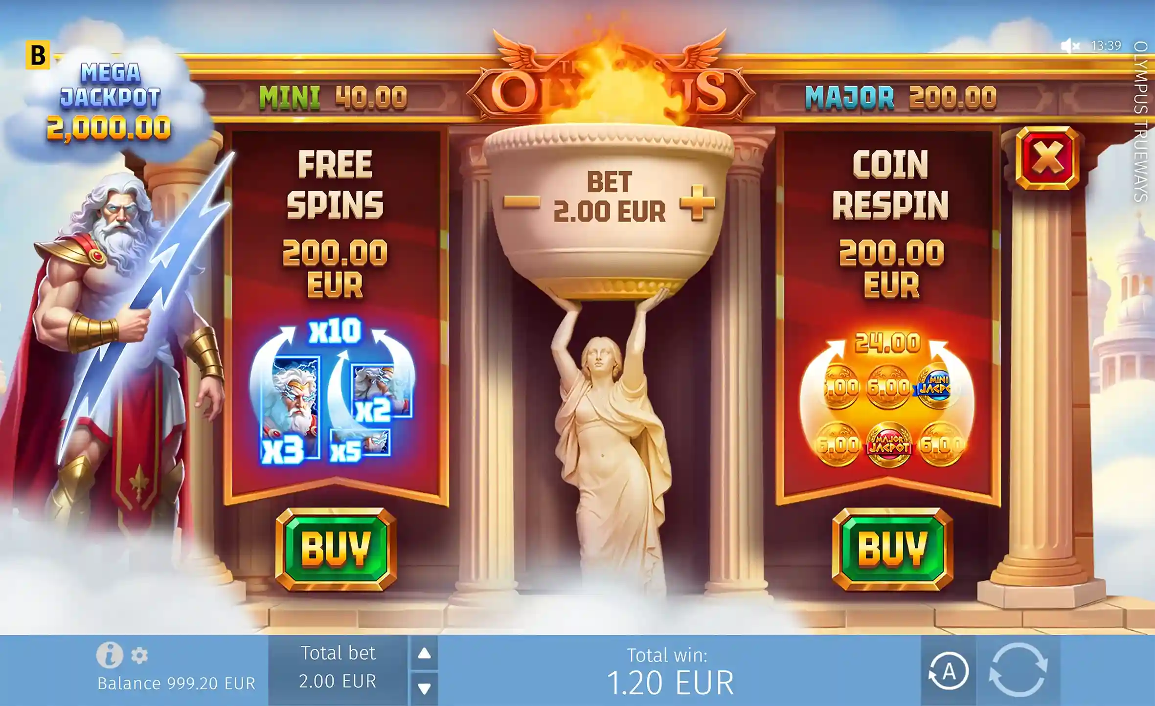 Bonus Buy menu showing Free Spins and Coin Respin options in Olympus Trueways slot