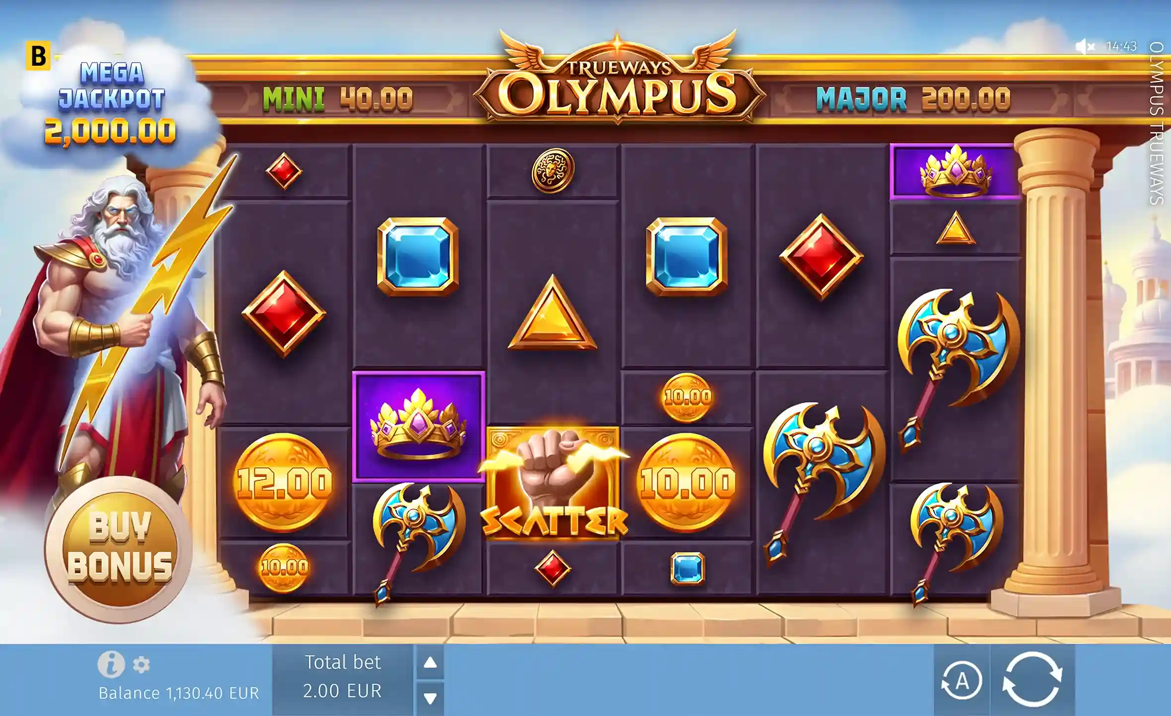 Main gameplay screen with Scatter symbol, coins, and high-paying symbols in Olympus Trueways