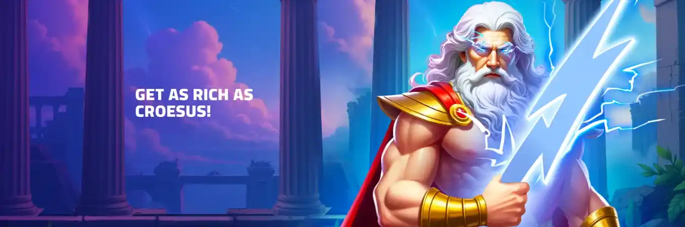 Zeus holding a lightning bolt with glowing eyes – Olympus Trueways slot artwork