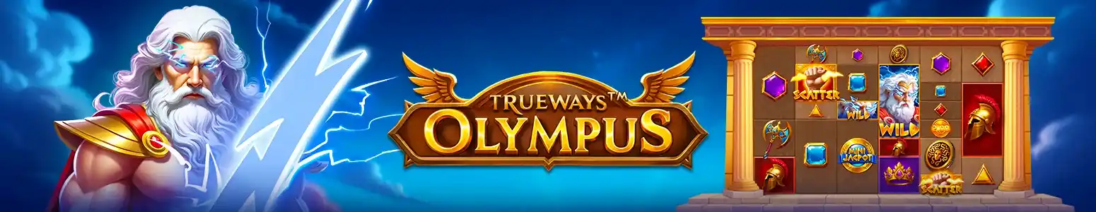 Olympus Trueways slot banner with Zeus and game reels in golden Greek temple theme