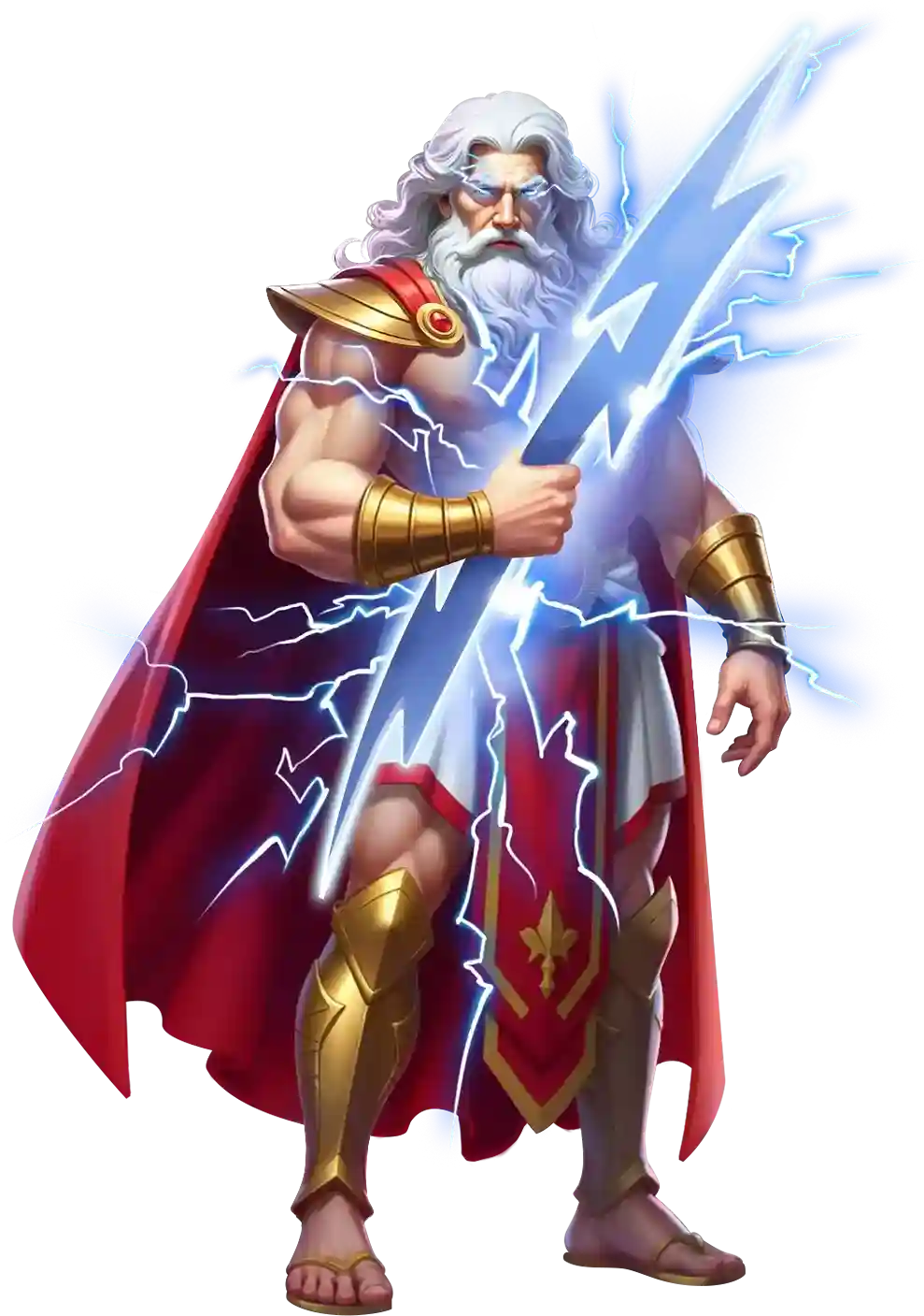 Zeus with lightning in hand, standing in red cape and golden armor